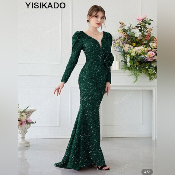 Giffniseti Sequined Emerald Green Mermaid Evening Gown Puff Sleeves Rosette S - Picture 6 of 13